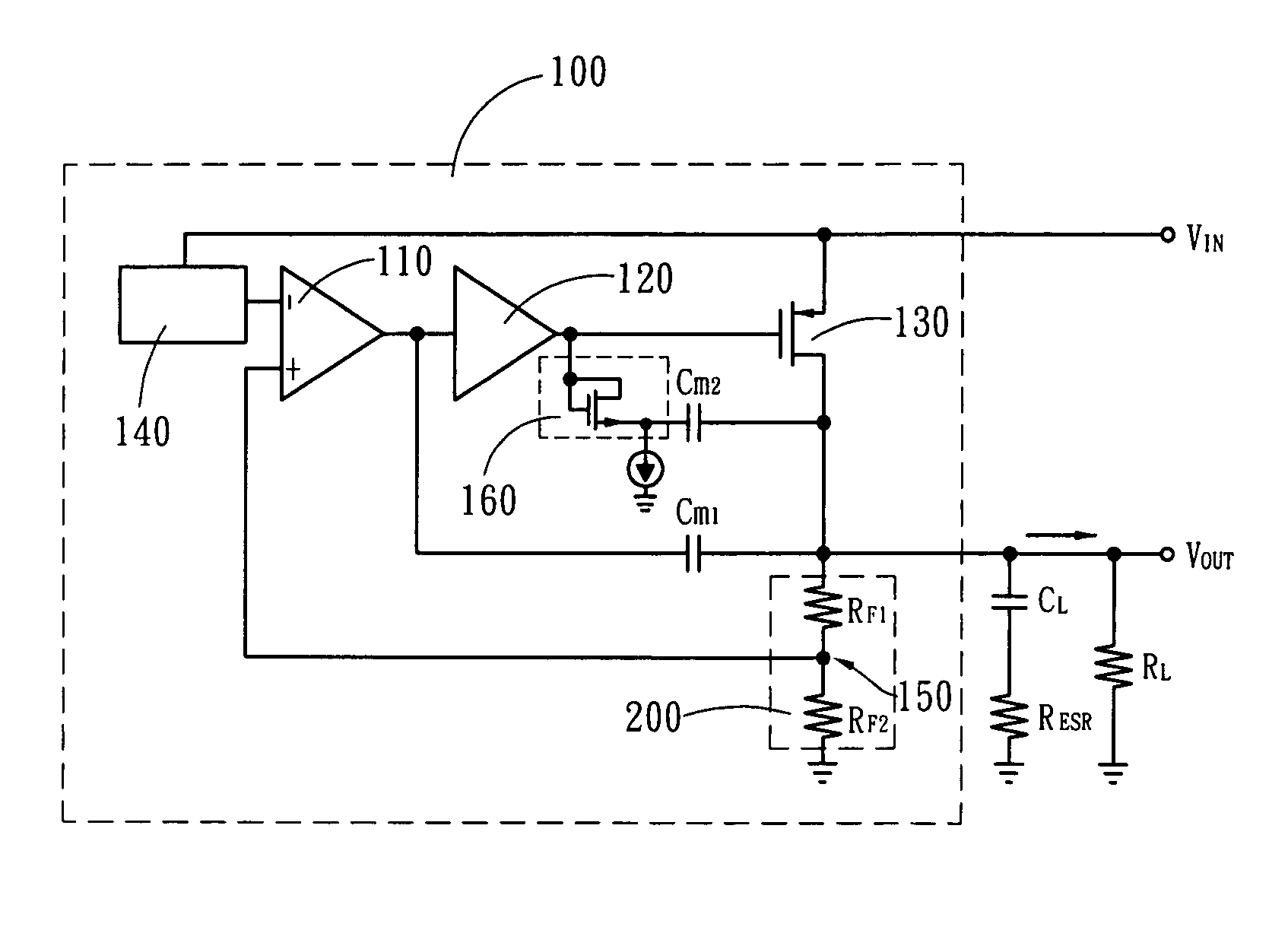 Low dropout linear voltage regulator with an active resistance for frequency compensation to improve stability