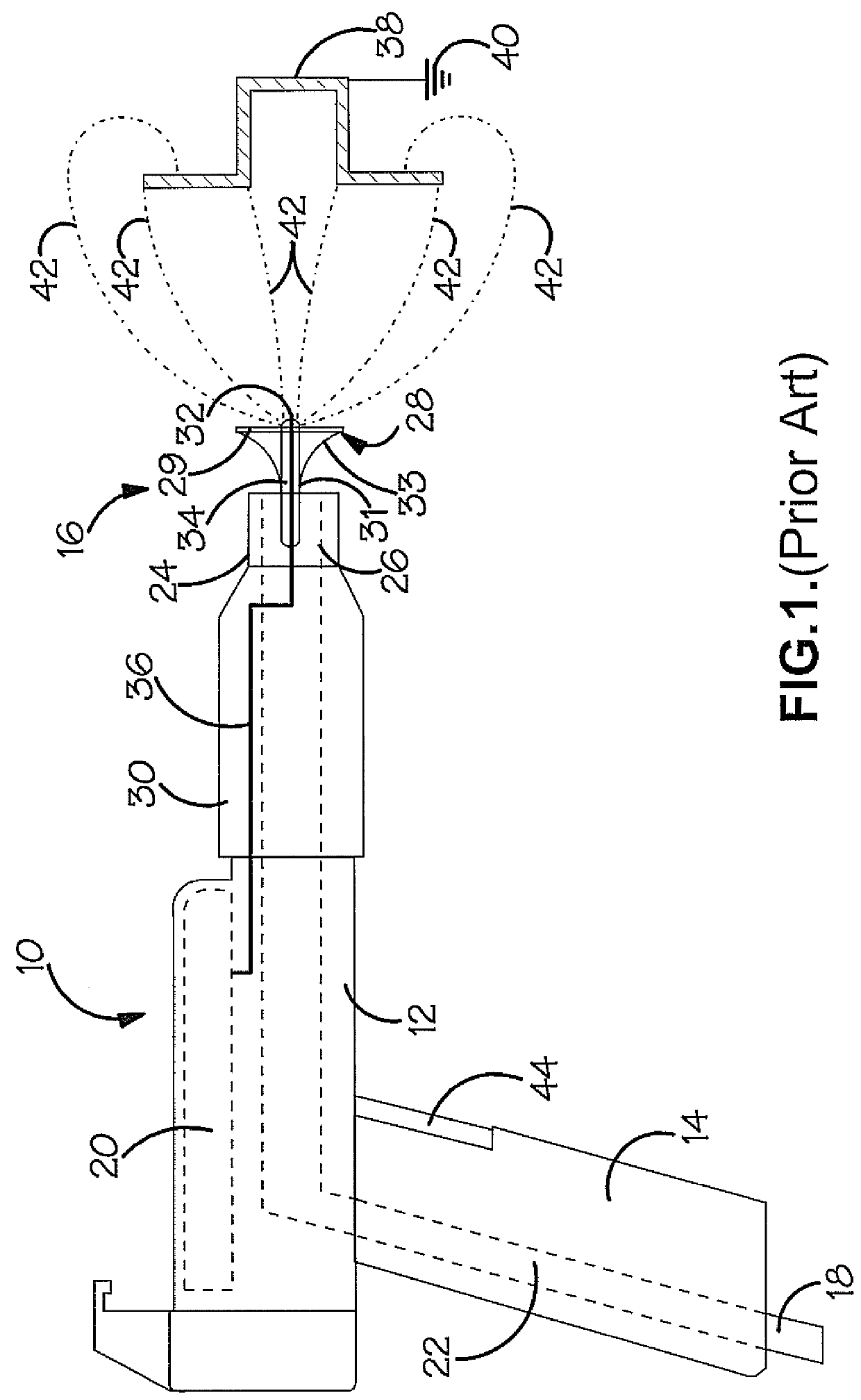 Powder spray coating discharge assembly