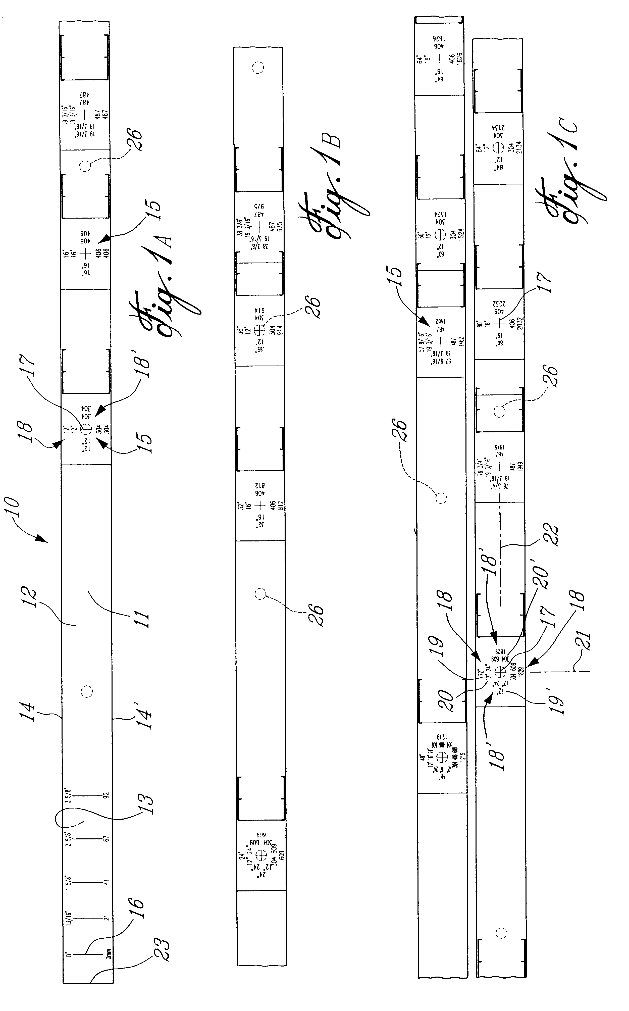 Measuring template having a plurality of indicia groups each including an indicator for indicating a spacing of the indicia of each of the groups of indicia