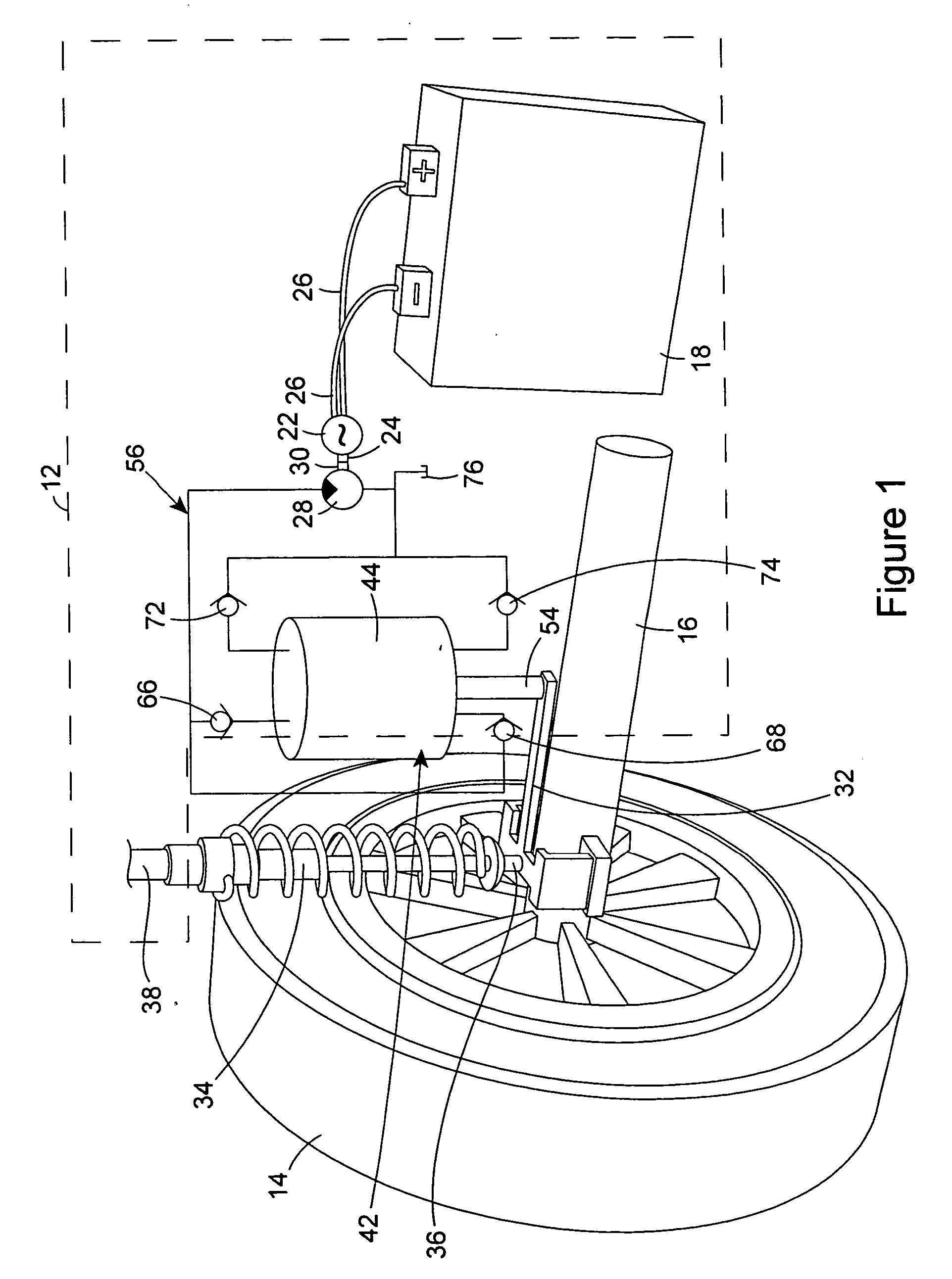 Apparatus and method for hydraulically converting movement of a vehicle wheel to electricity for charging a vehicle battery