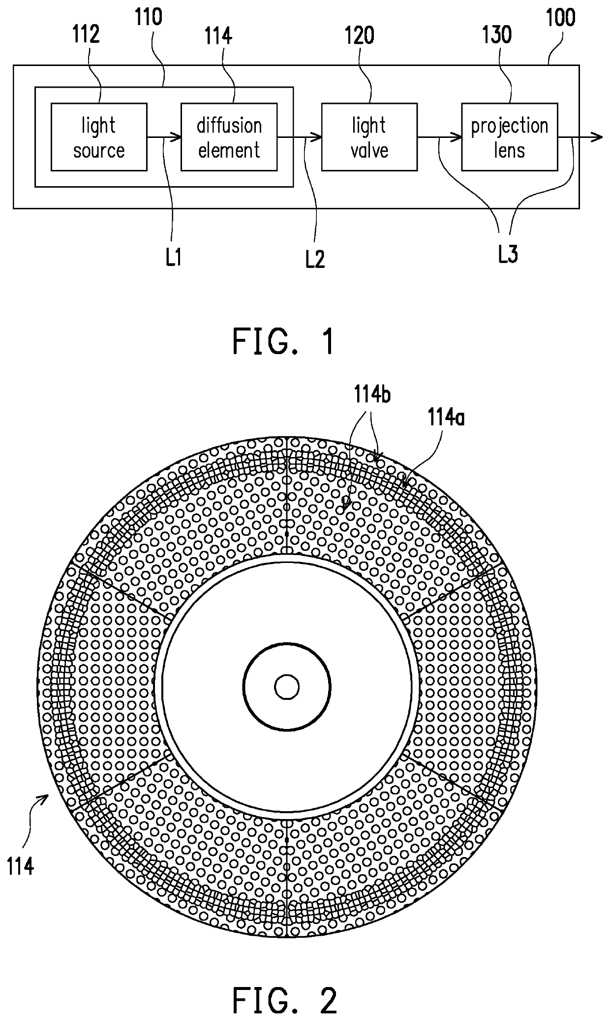 Projector, illuminaton system and diffusion element