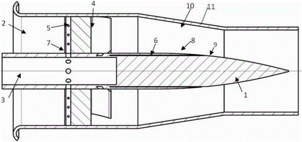 Slotted swirl nozzle in center body of gas turbine combustor