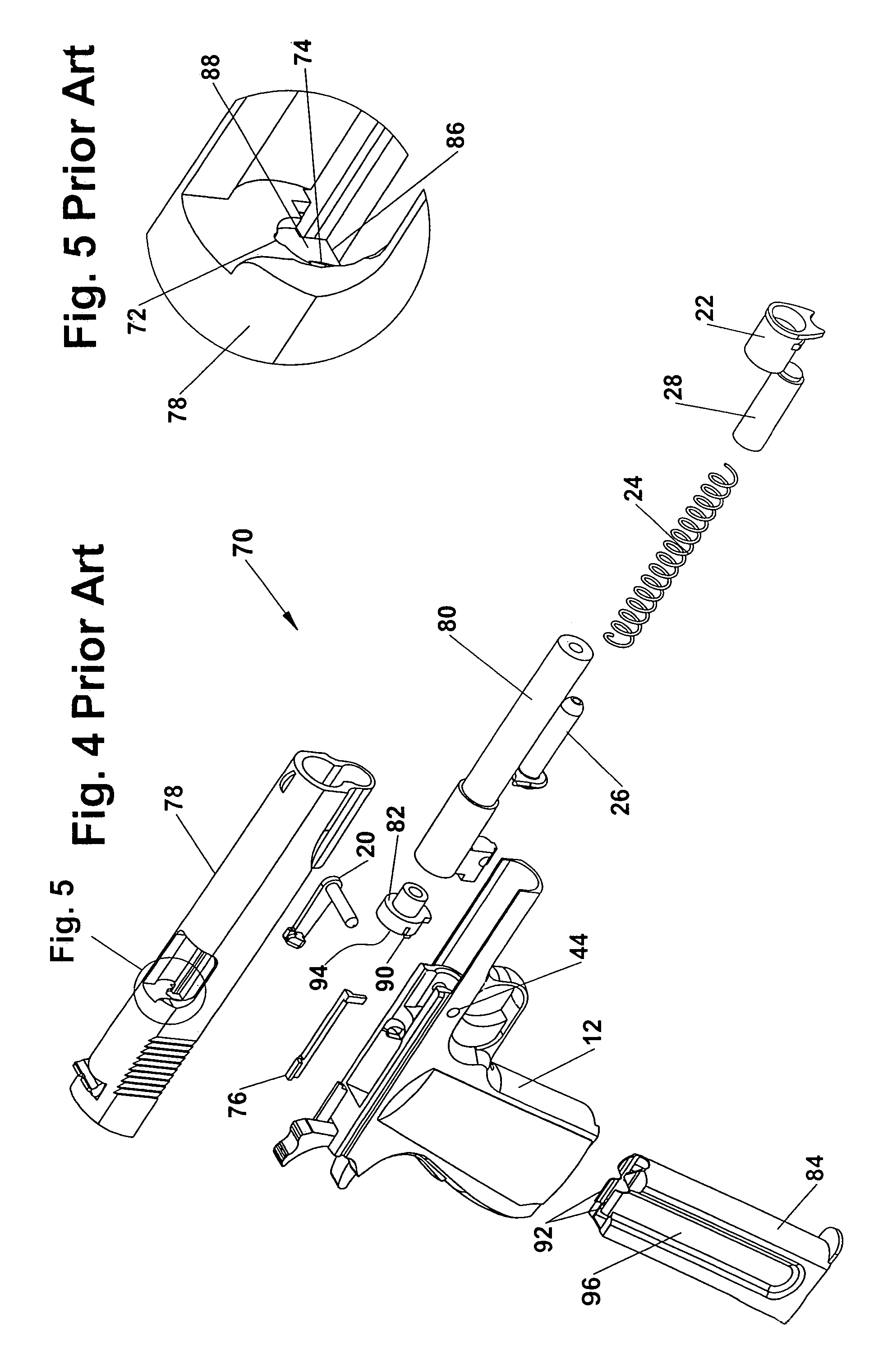 Sight-preserving, partially self-cleaning, divergent-axis caliber conversion in handguns