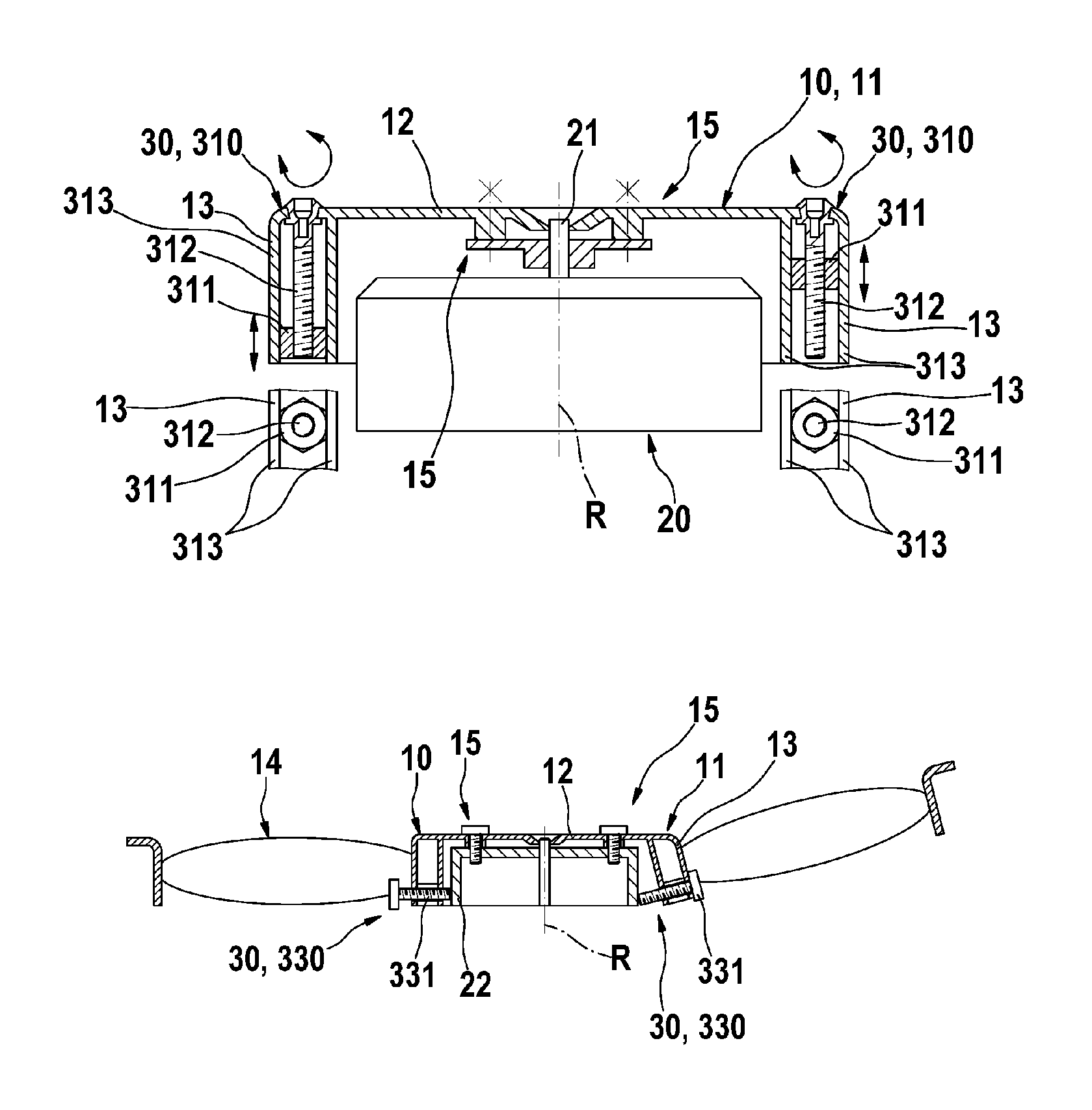 Adjustment device for a rotating body and rotating body