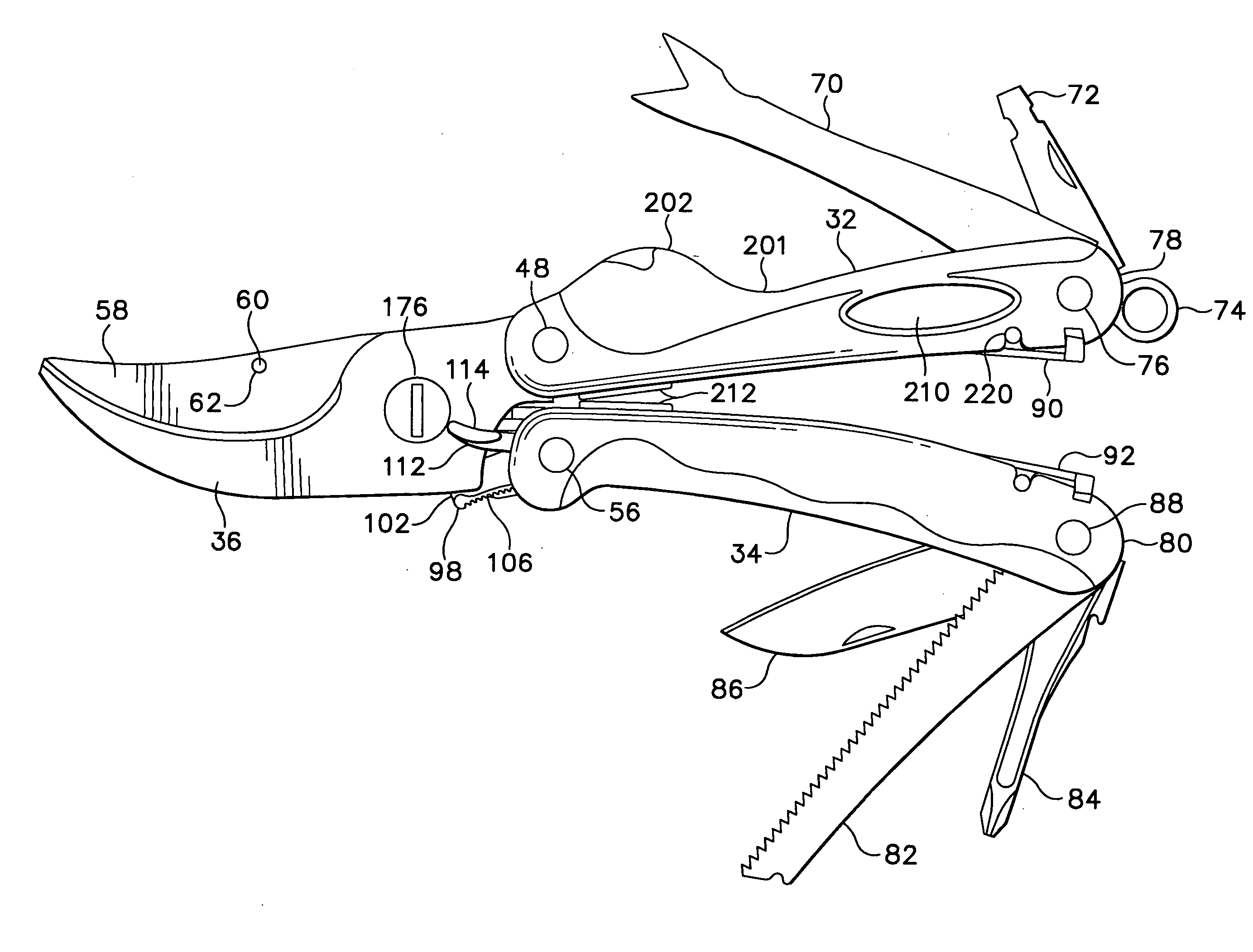 Folding multipurpose tool with shears and comfortable handles