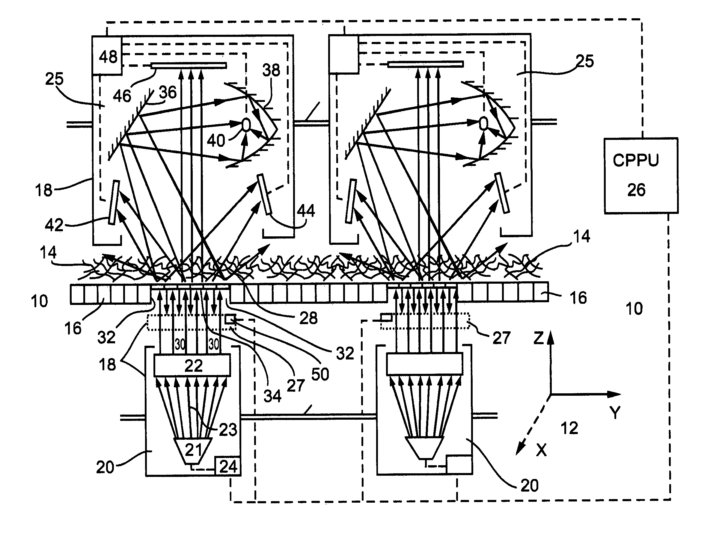 Method and device for non-invasively optically determining bulk density and uniformity of web configured material during in-line processing