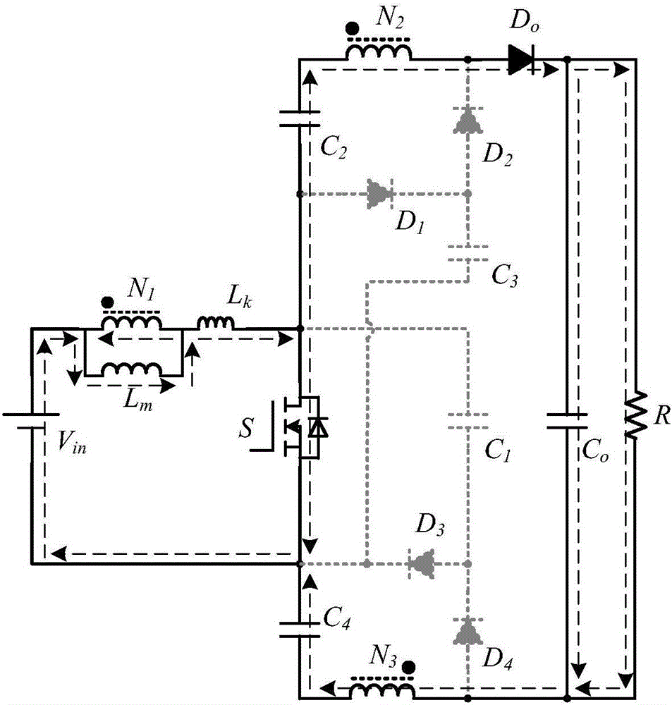 Three-winding coupled inductor voltage-doubling type single switch tube boost direct-current converter