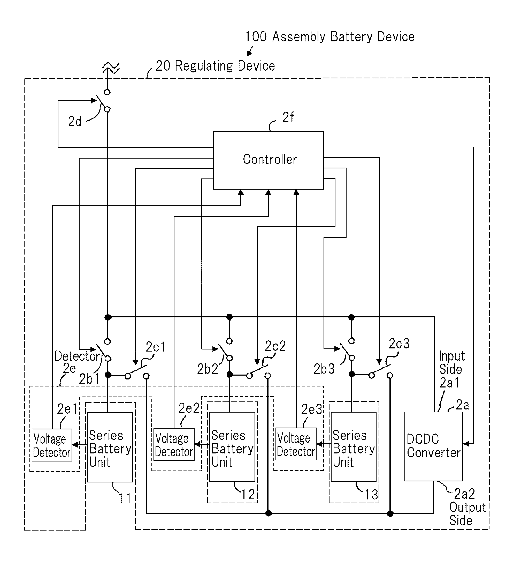 Regulating device, battery assembly device and regulating method