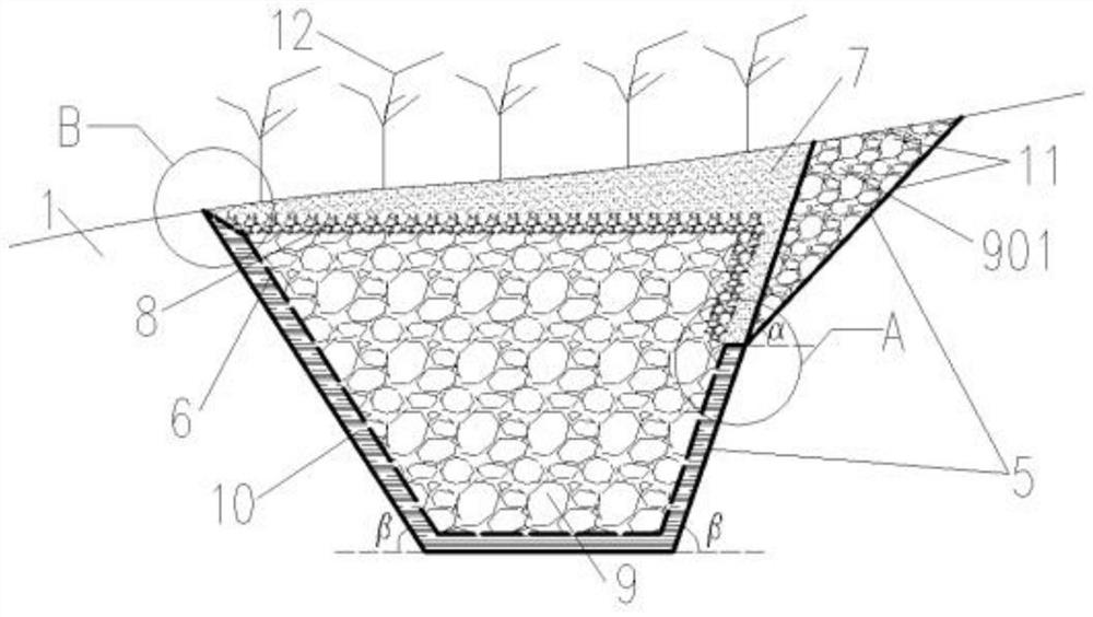 Dendritic embedded type flexible ecological slope drainage ditch and construction method