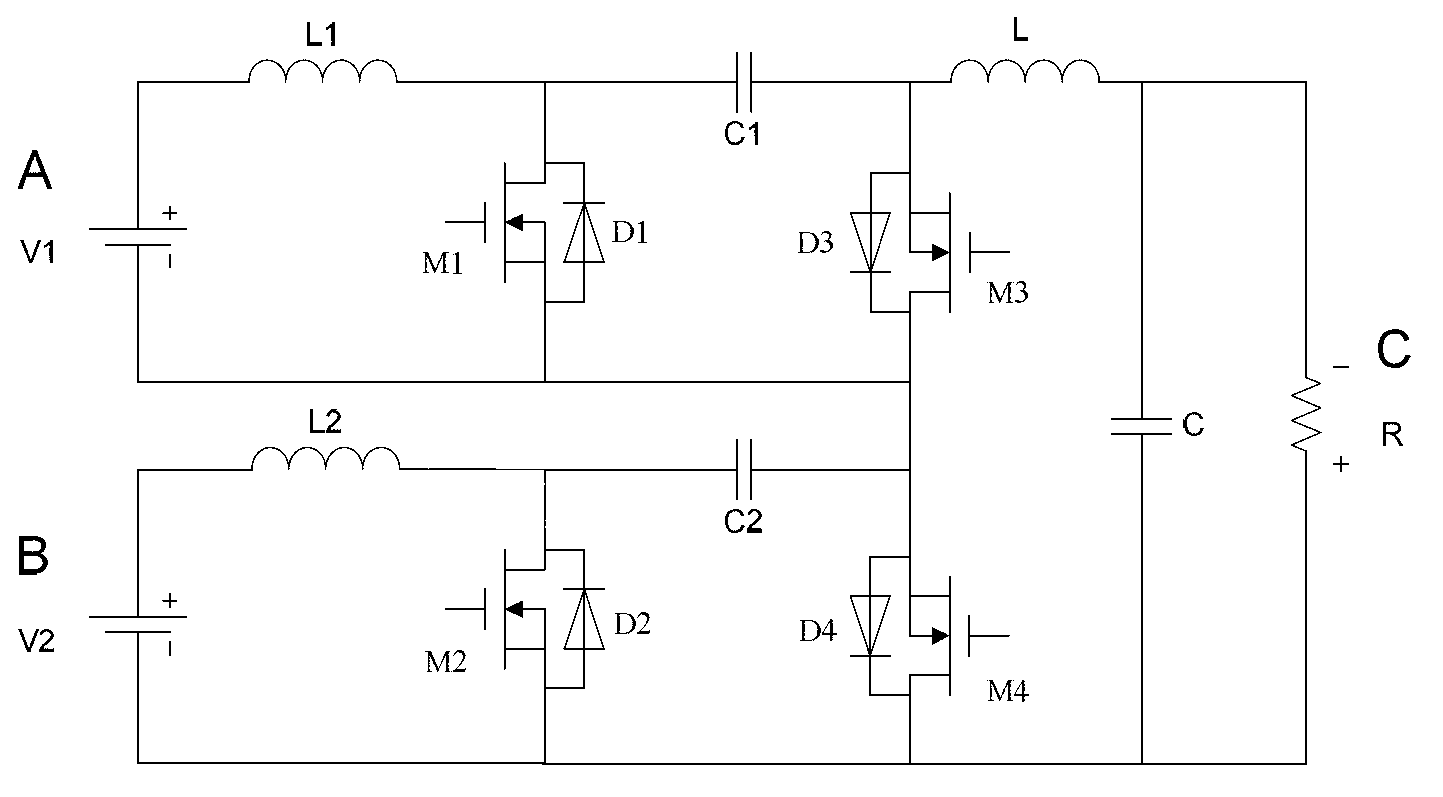 Two-way two-input CUK direct-current converter and power distribution method thereof