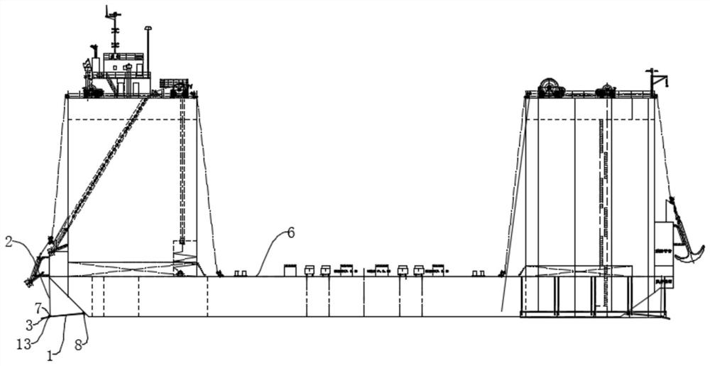 Protection device with movable protection plate for semi-submersible barge bottom-sitting construction and construction method