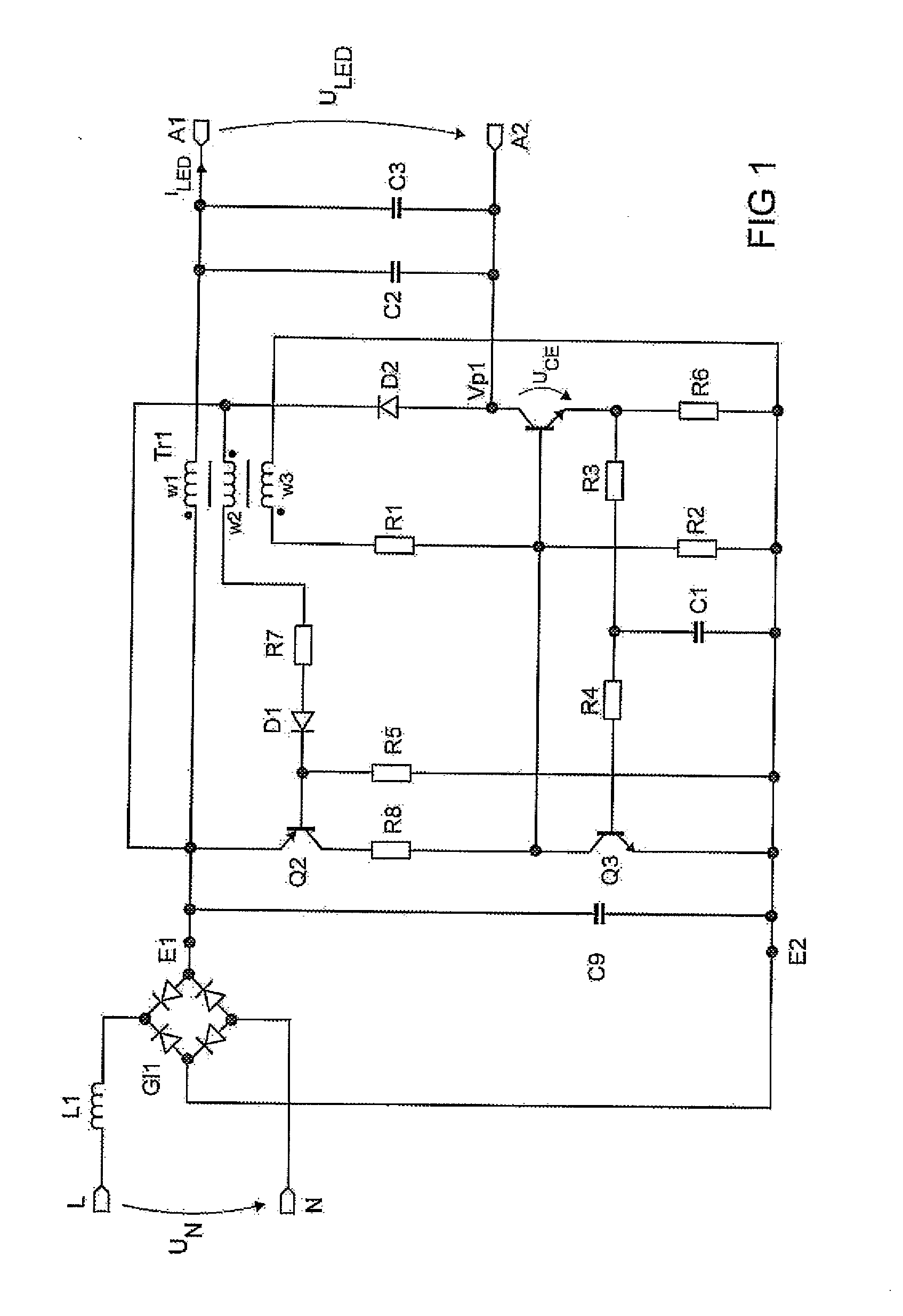 Buck converter for making power available to at least one LED