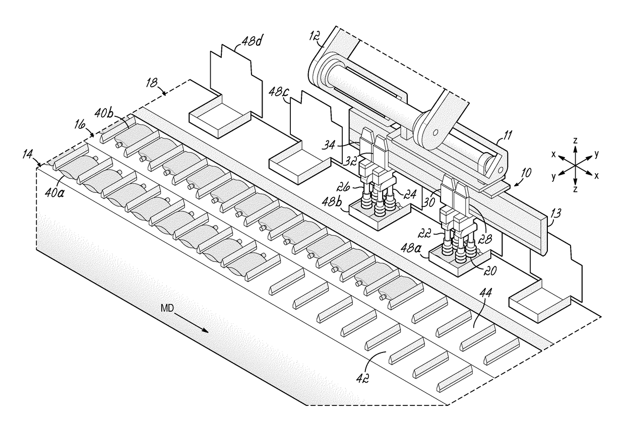 Apparatus and methods for transferring continuously moving articles to continuously moving packages with intervening article grouping and group pitch adjustment