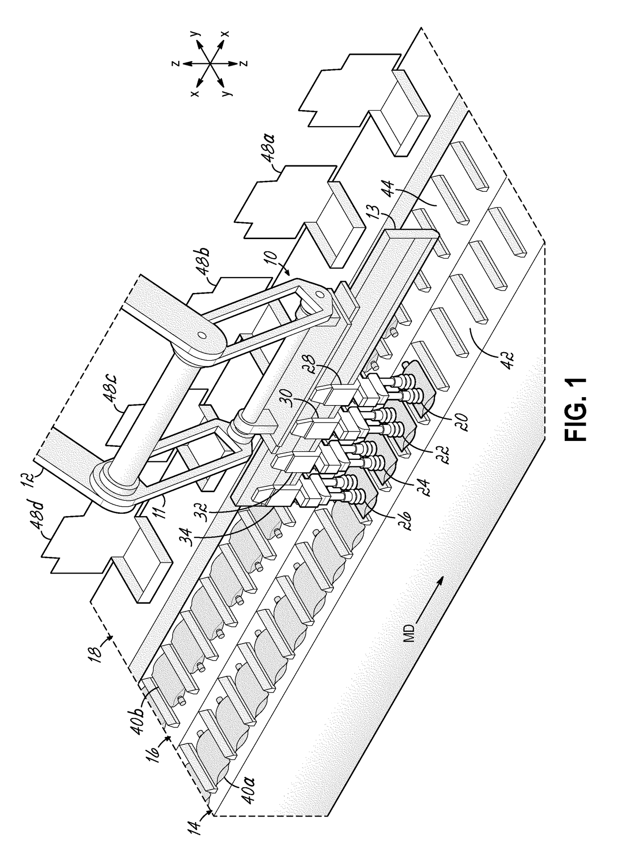 Apparatus and methods for transferring continuously moving articles to continuously moving packages with intervening article grouping and group pitch adjustment