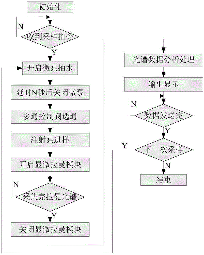 Flow injection microscope raman spectrum device for water pollutant detection and detection method