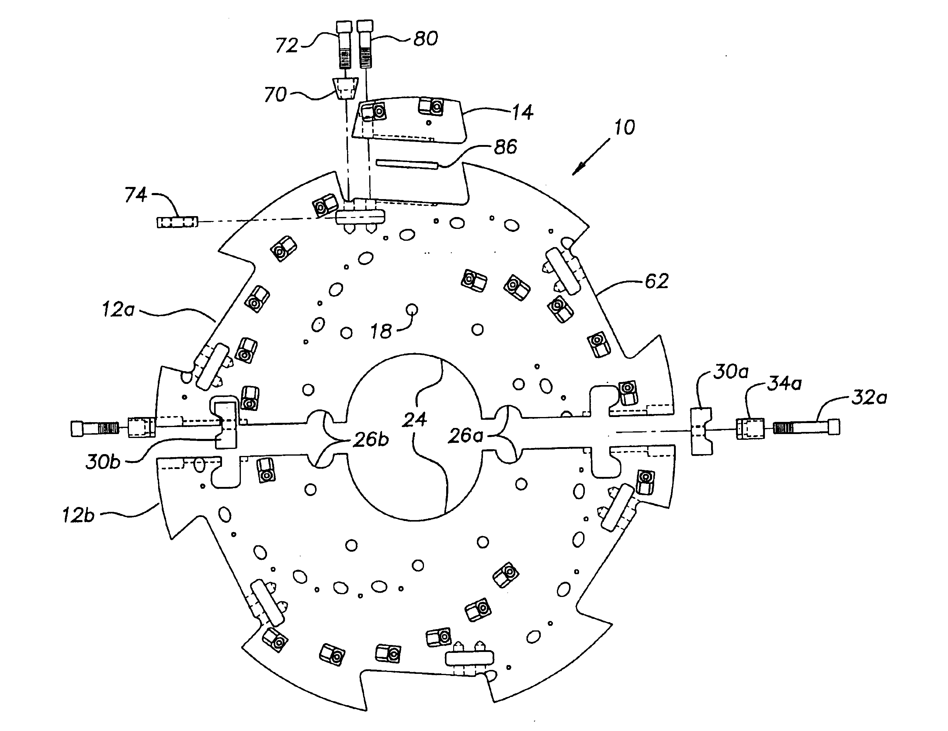 Split wheel stump cutter with replaceable tooth blocks and cutting teeth