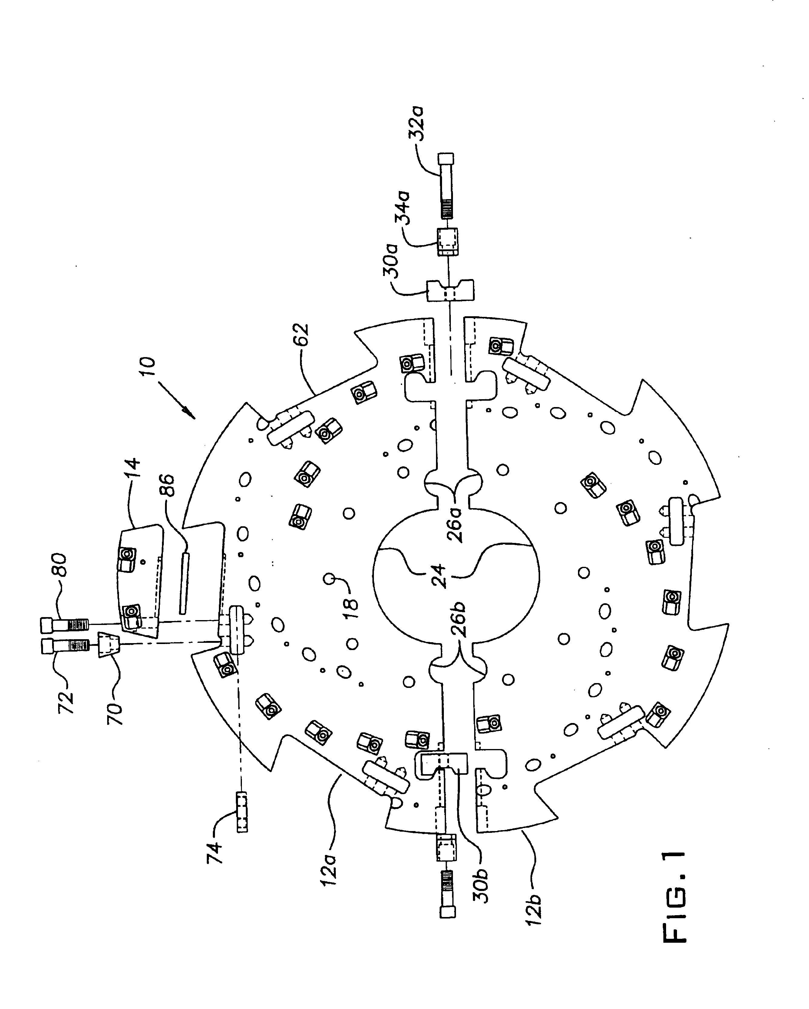 Split wheel stump cutter with replaceable tooth blocks and cutting teeth