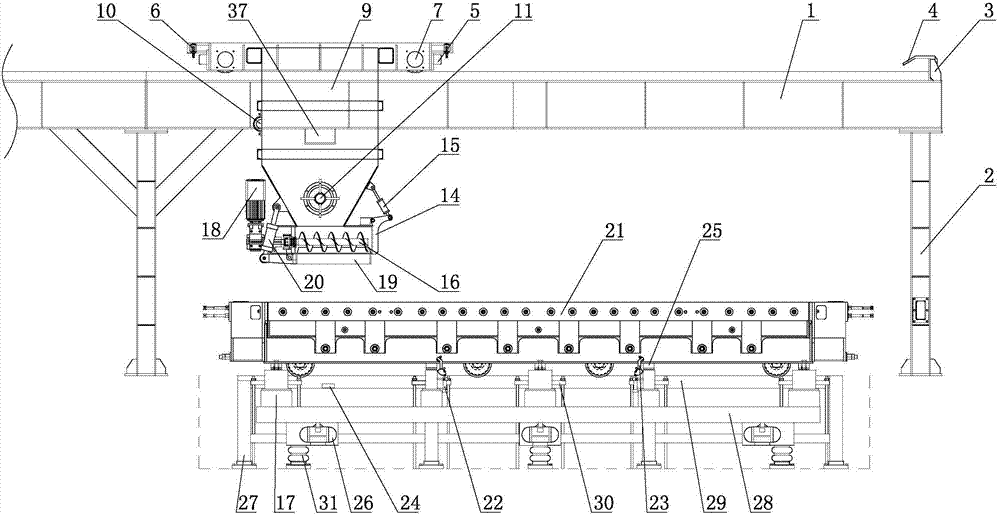 Pre-tensioning method prestressed concrete track board production line pouring vibrating system and application thereof