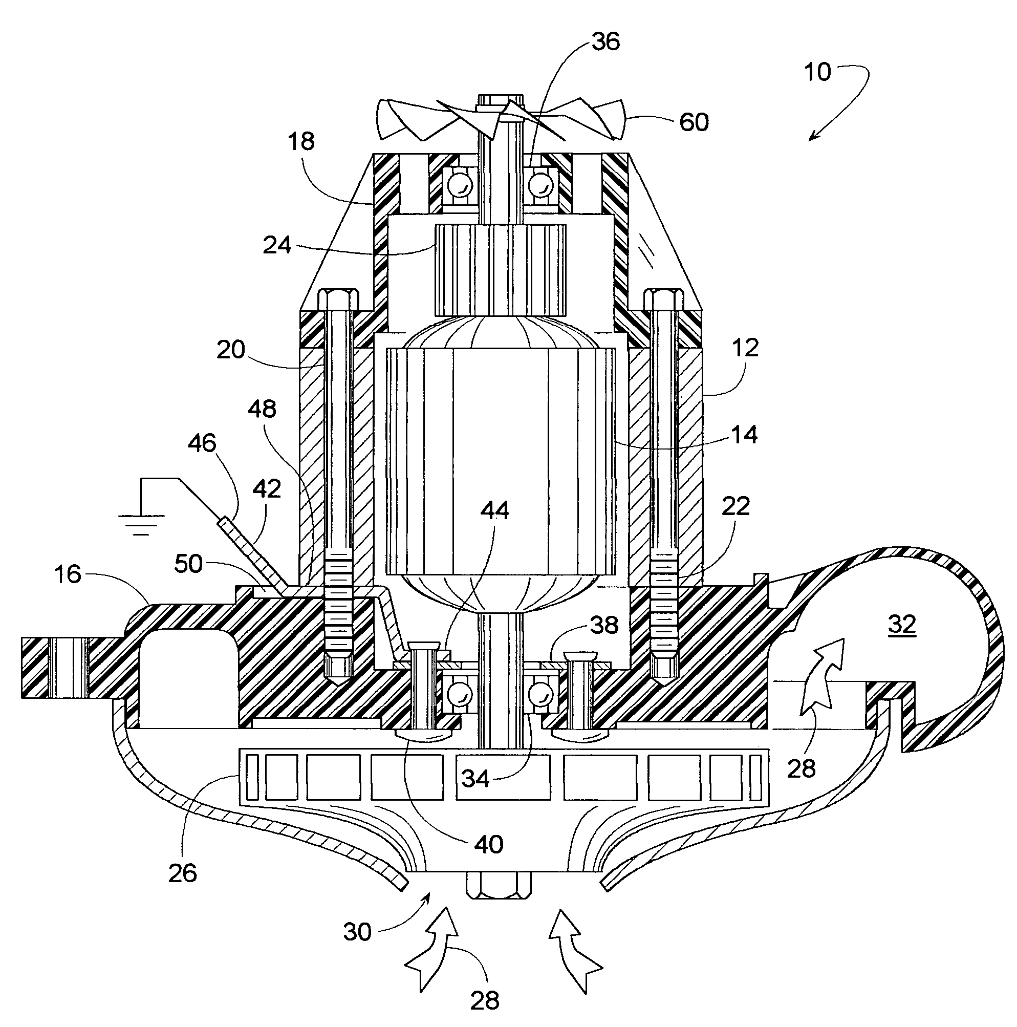 Ground strap for a motor having a plastic housing