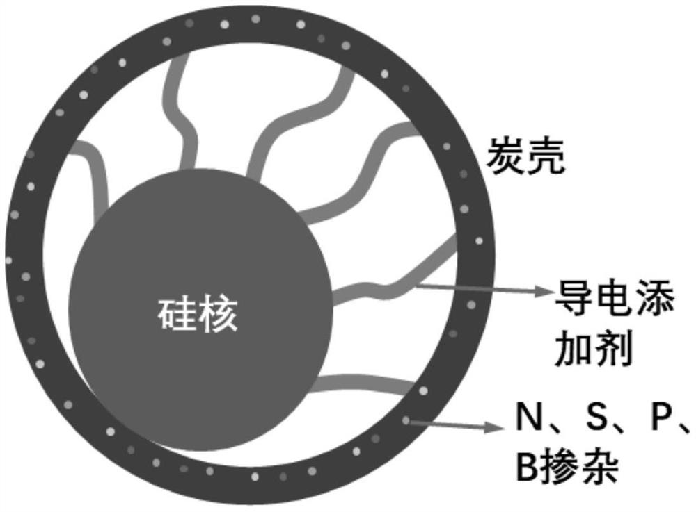 Multi-heteroatom co-doped carbon shell coated silicon composite material and preparation method thereof