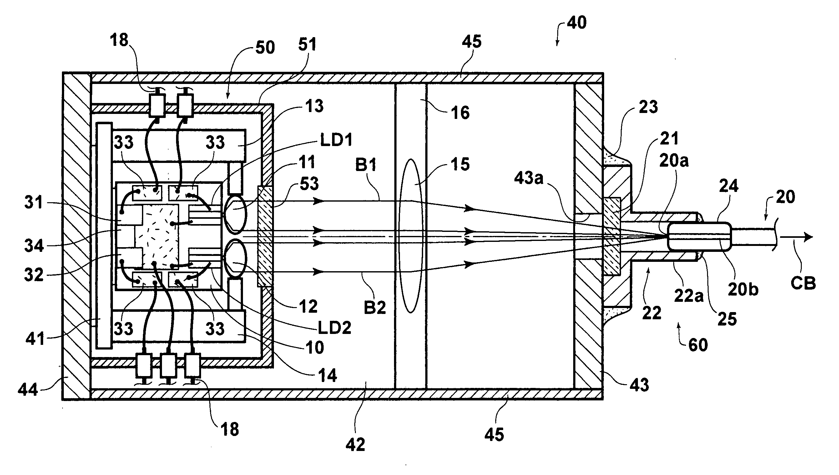 Laser module with sealed package containing limited optical components