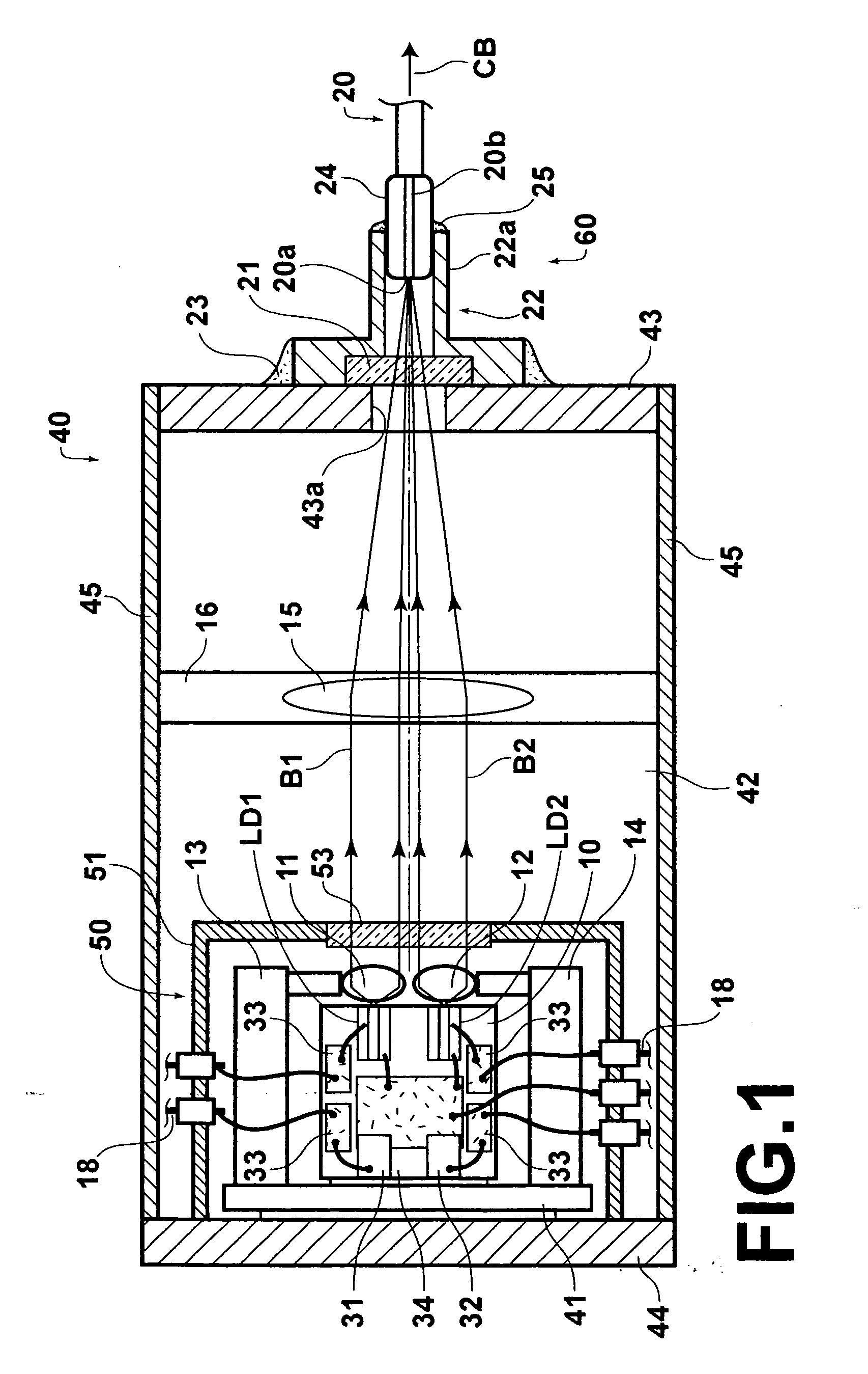 Laser module with sealed package containing limited optical components