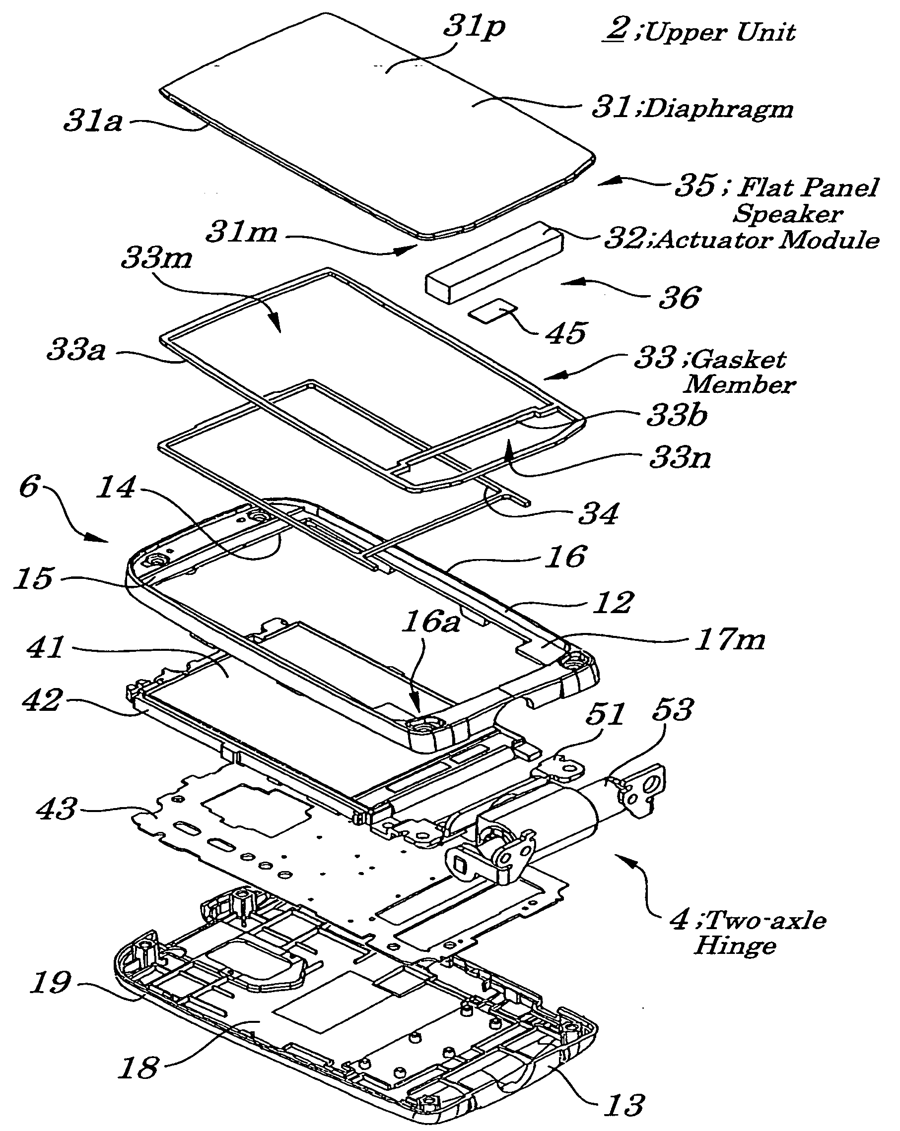 Gasket member, diaphragm, flat panel speaker, method of mounting same flat panel speaker, and method of assembling electronic device