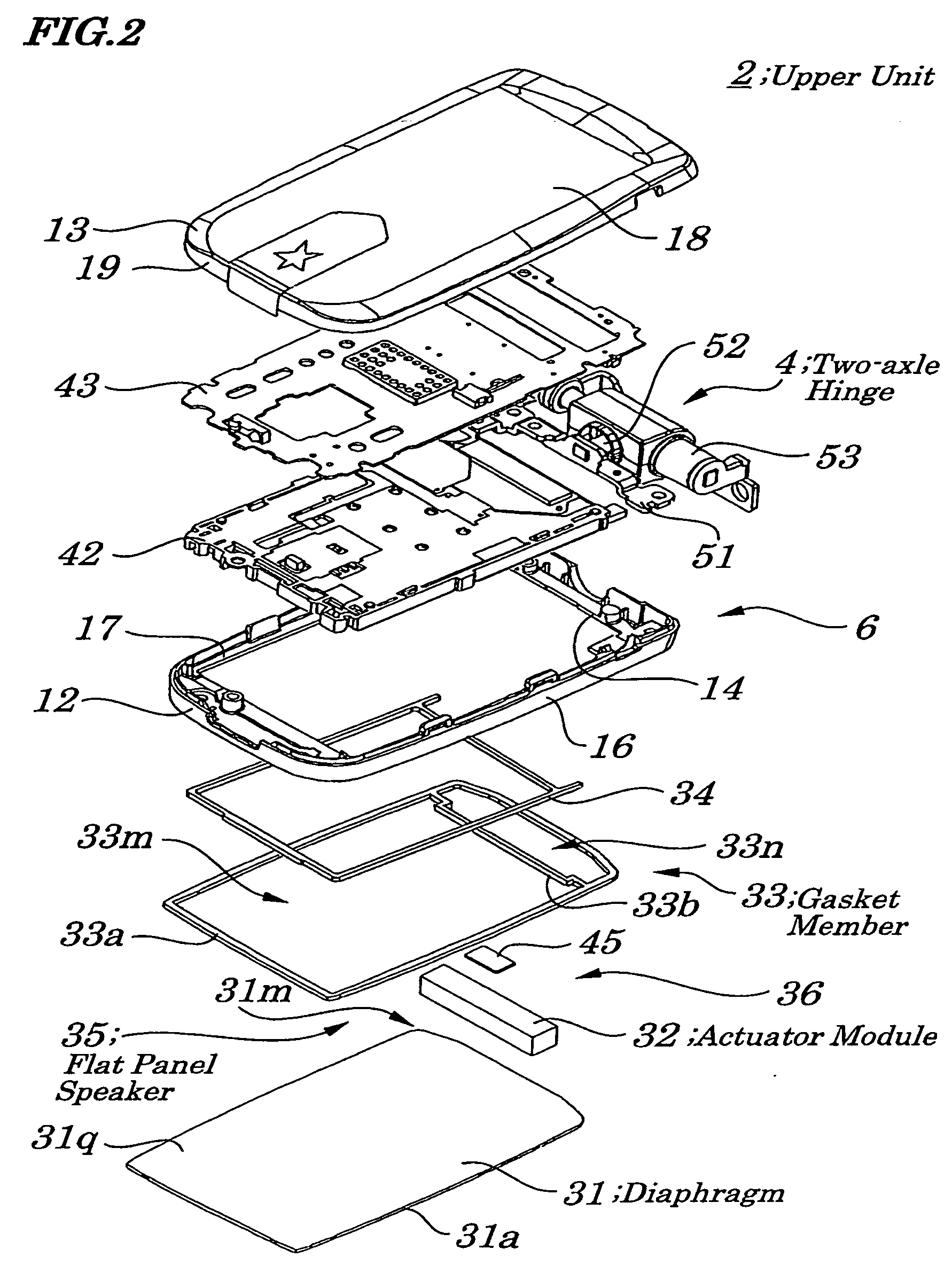 Gasket member, diaphragm, flat panel speaker, method of mounting same flat panel speaker, and method of assembling electronic device