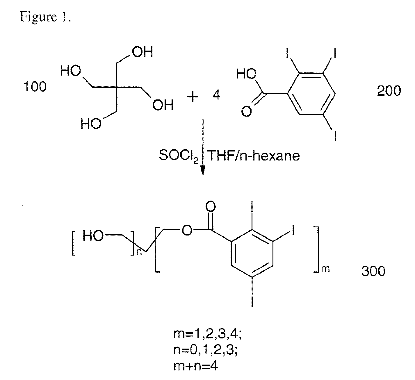 Dendritic and star-shaped contrast agents for medical devices and bioabsorbable radiopaque bulk material and method for producing same