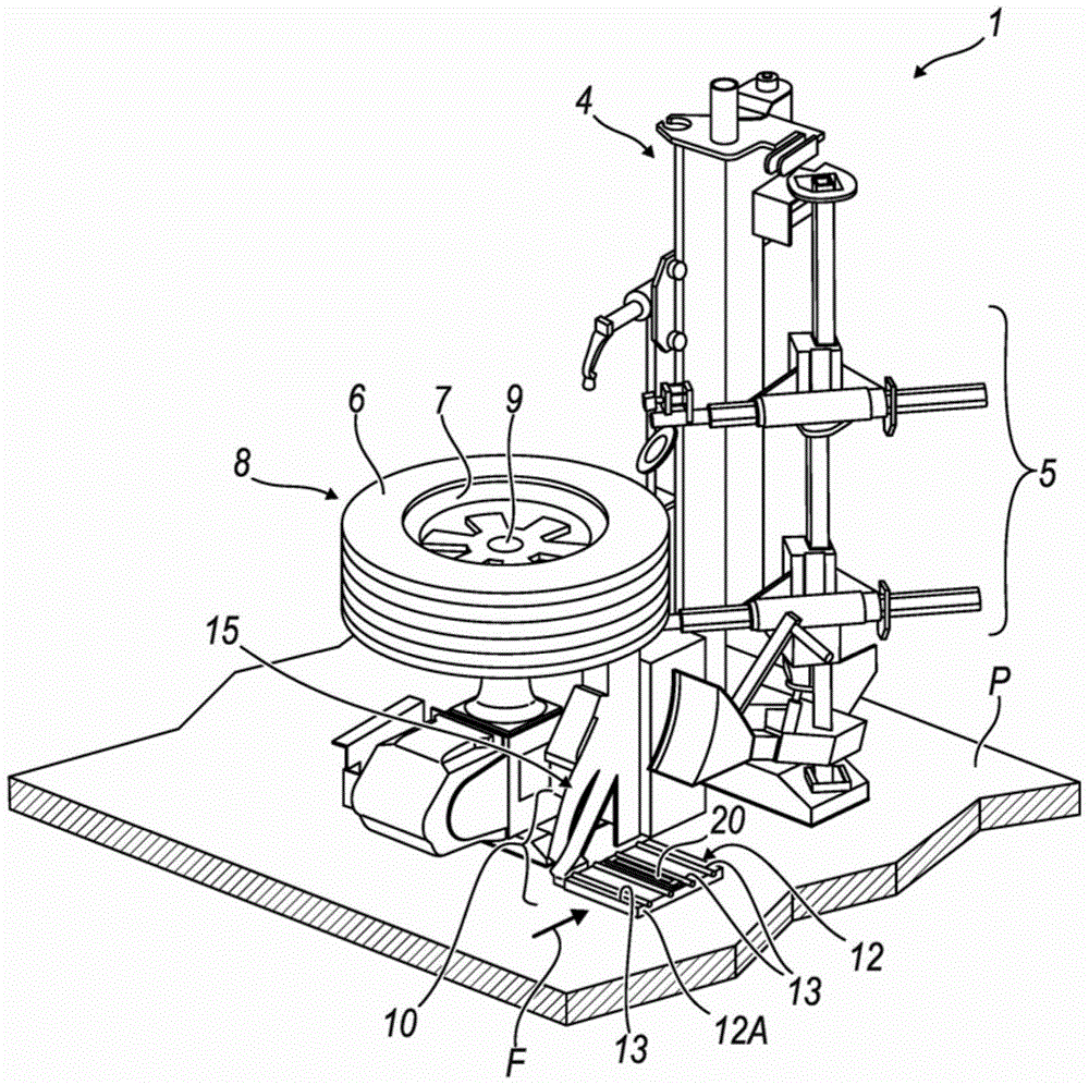 Device for lifting at least one vehicle wheel or tyre, and detector of the state of wear of the latter