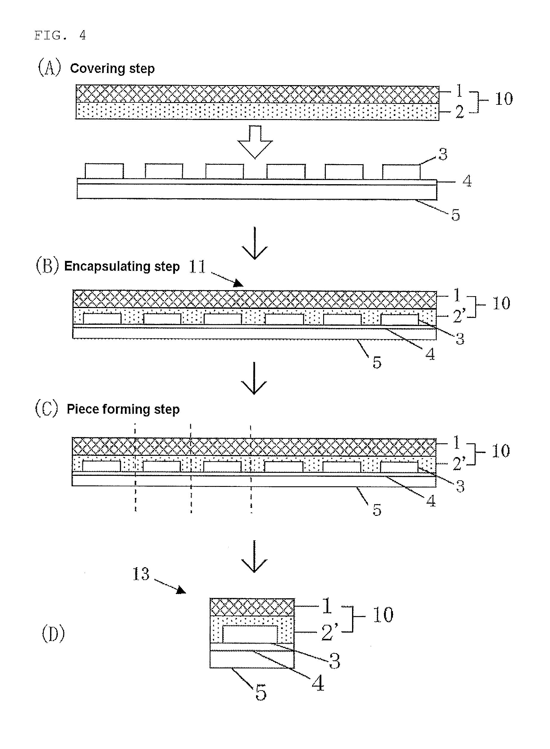 Electromagnetic wave shielding support base-attached encapsulant, encapsulated substrate having semicondutor devices mounted thereon, encapsulated wafer having semiconductor devices formed thereon, and semiconductor apparatus