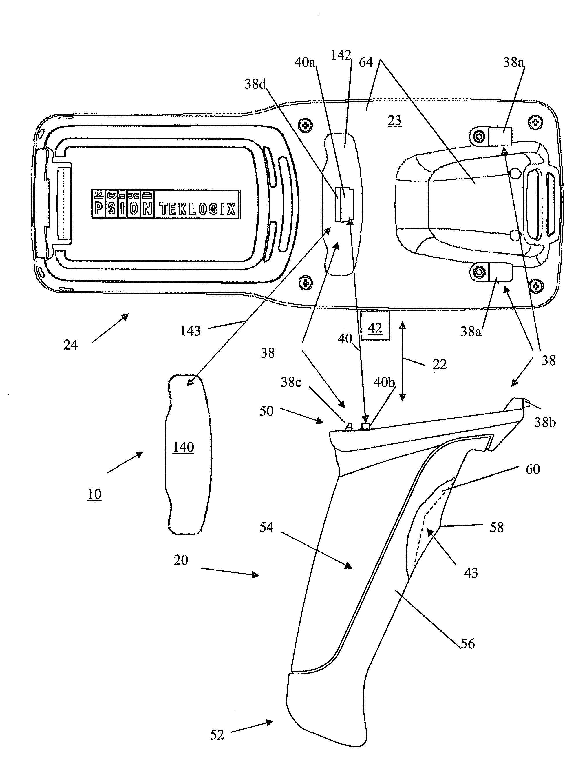 Portable terminal and pistol grip sled with optimized scan angle