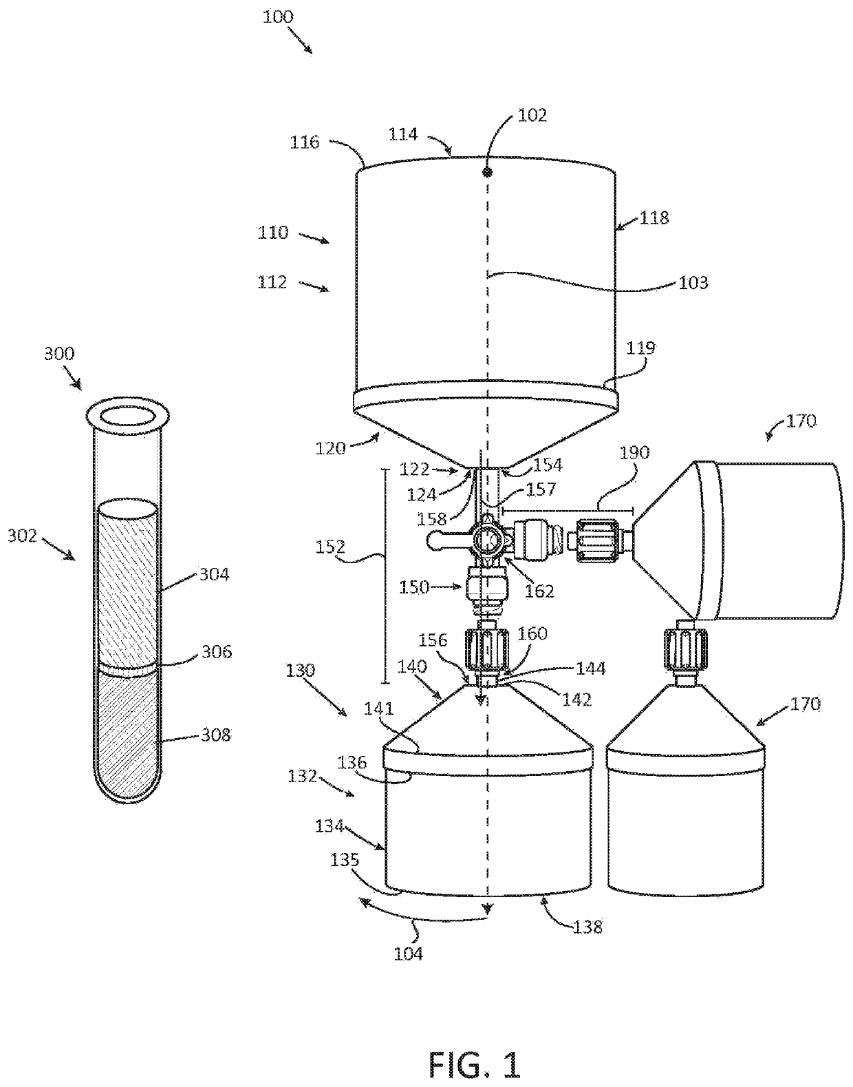 Centrifugal separating assembly for positioning a layer of a fluid biological product at a selected location