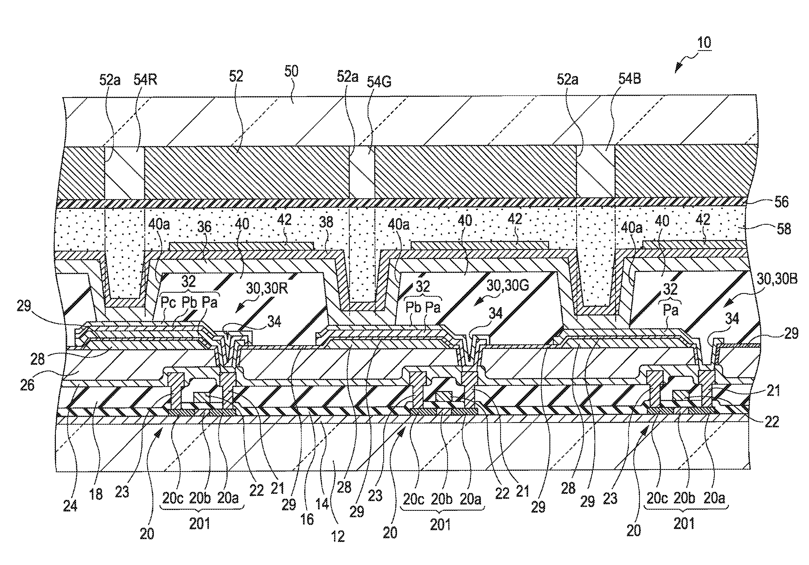 Emissive device and electronic apparatus having light transmitting portions of light shielding layer being smaller than partition opening