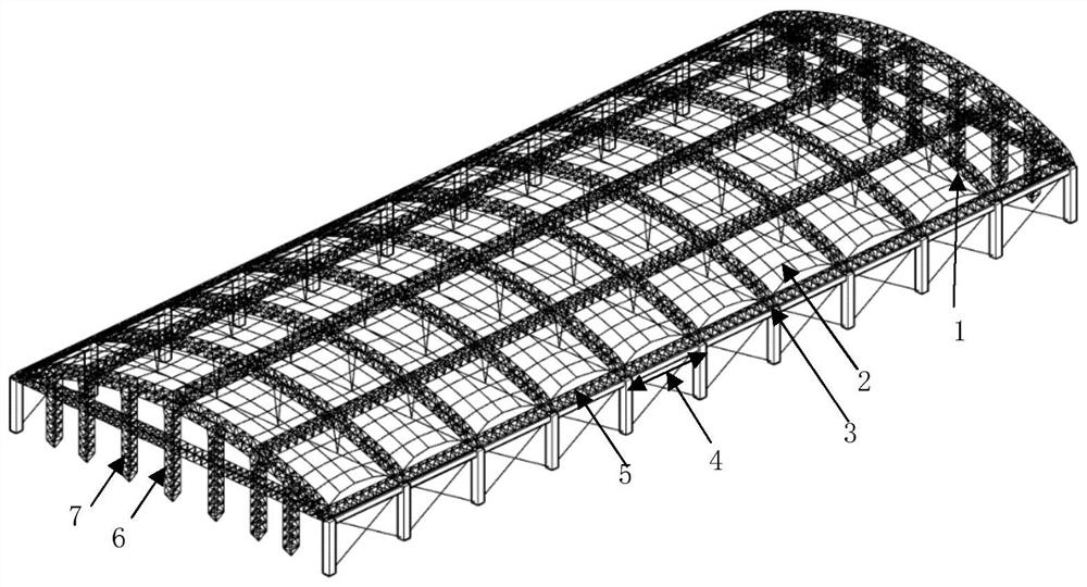 Large-span cable net structure supported by self-balancing arch truss