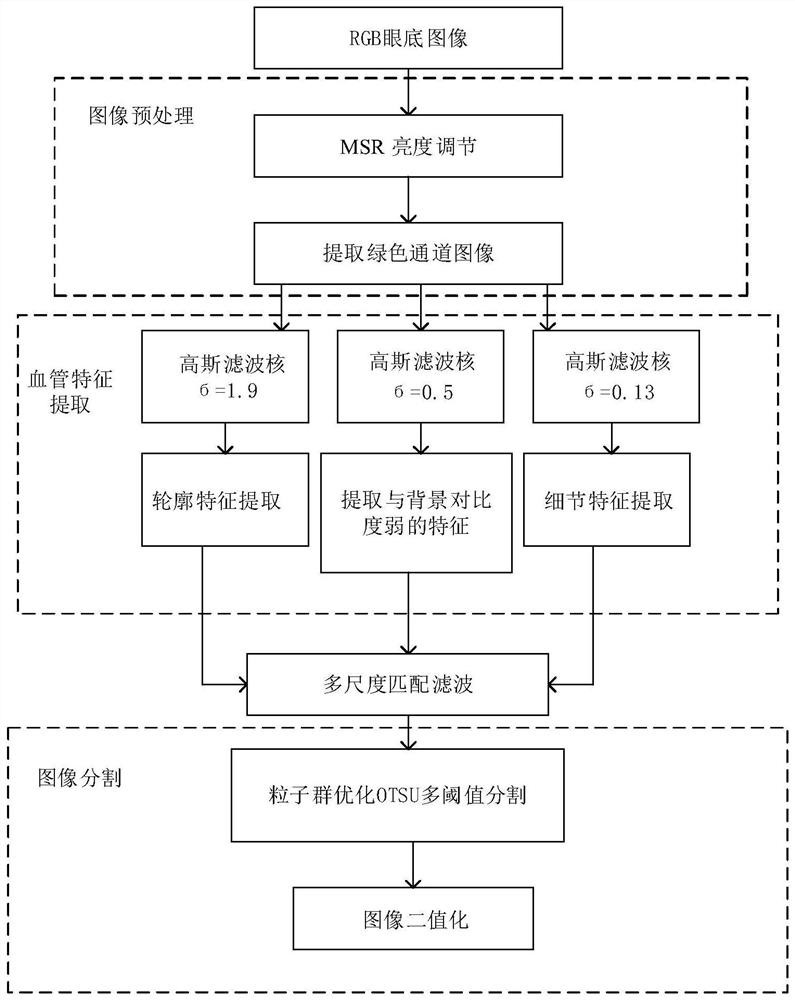 Retinal vessel segmentation method and device based on multi-scale matched filtering and particle swarm optimization