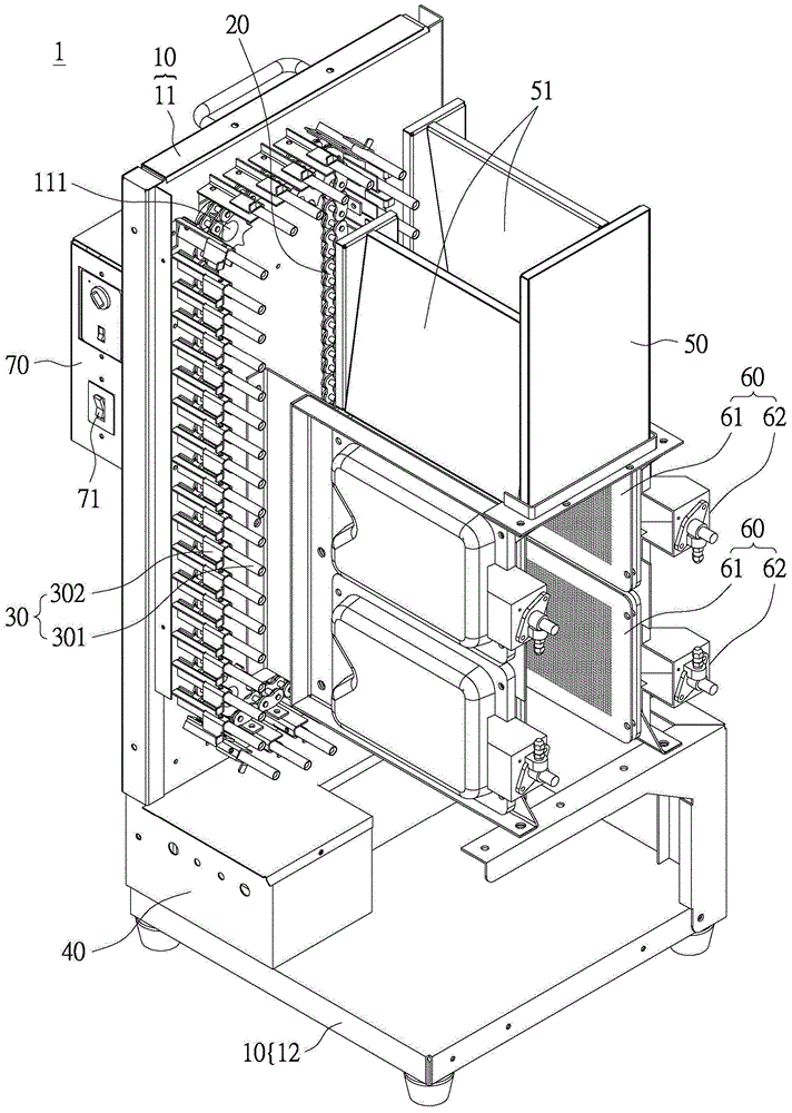 Vertical type food material baking device and method