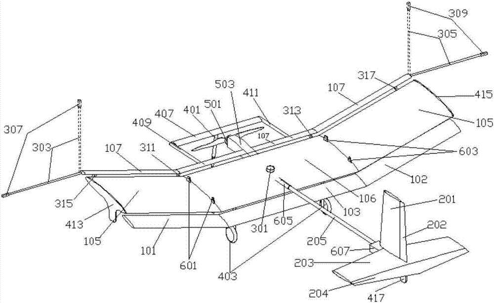 Three-section type fixed wing unmanned aerial vehicle provided with sprinkling system