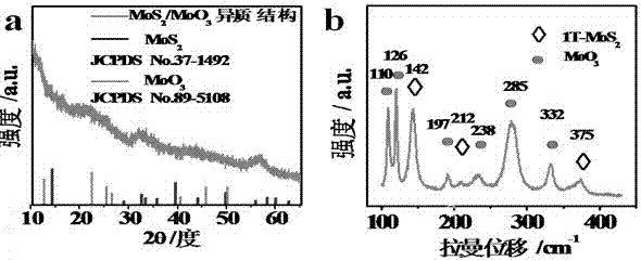 Hollow molybdenum disulfide/molybdenum trioxide flower-like spherical heterostructure nano material, preparation method and application