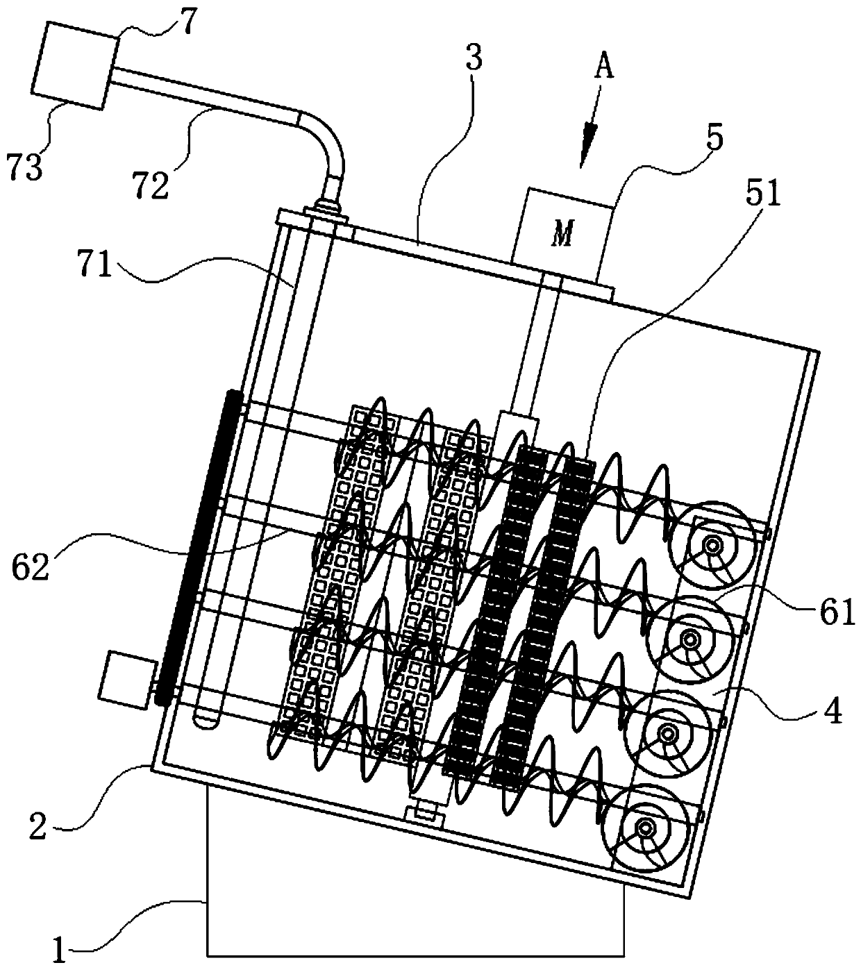 Anti-swirl inclined-conveying-type industrial material stirring machine and working method thereof