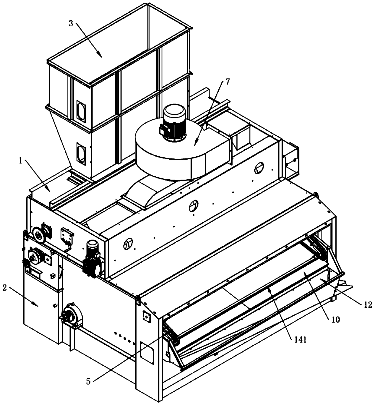 Grain screening machine with scraping plate impurity removing structure