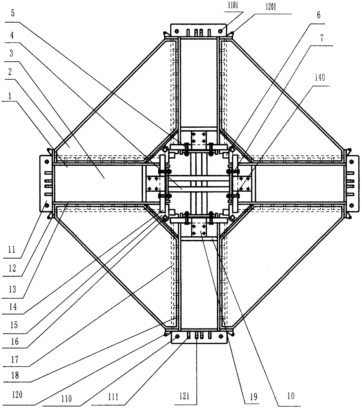 Four-beam steel structure tower crane foundation provided with counterweights and capable of being folded and moving quickly