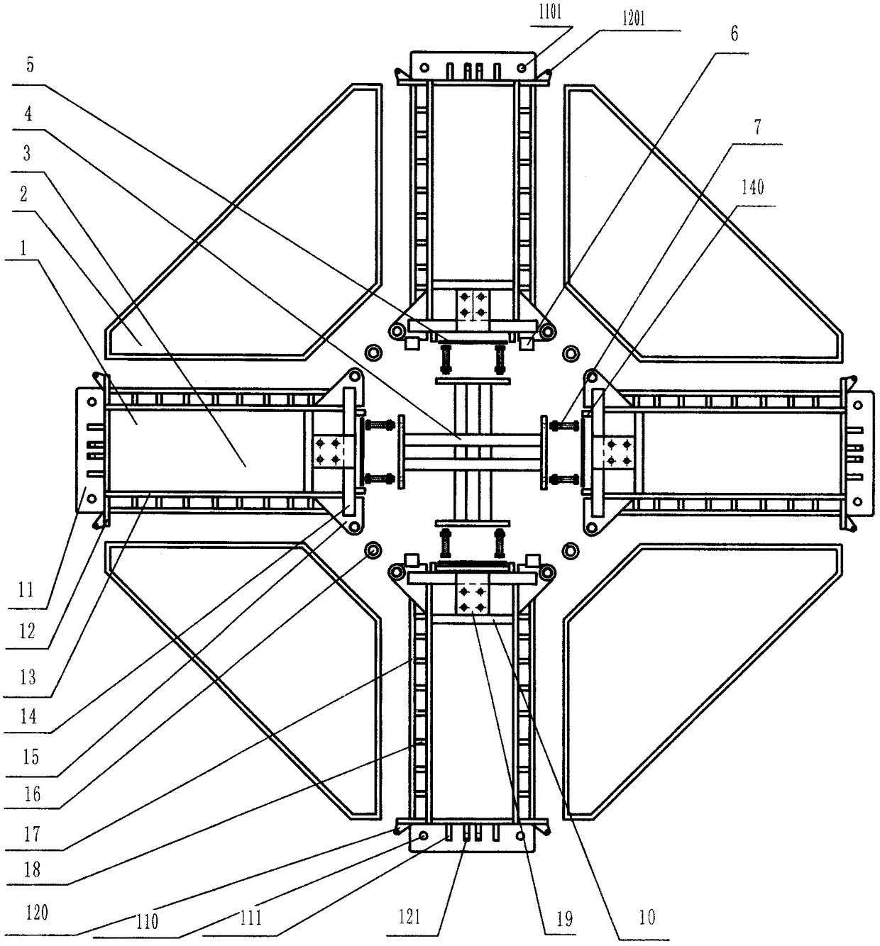 Four-beam steel structure tower crane foundation provided with counterweights and capable of being folded and moving quickly