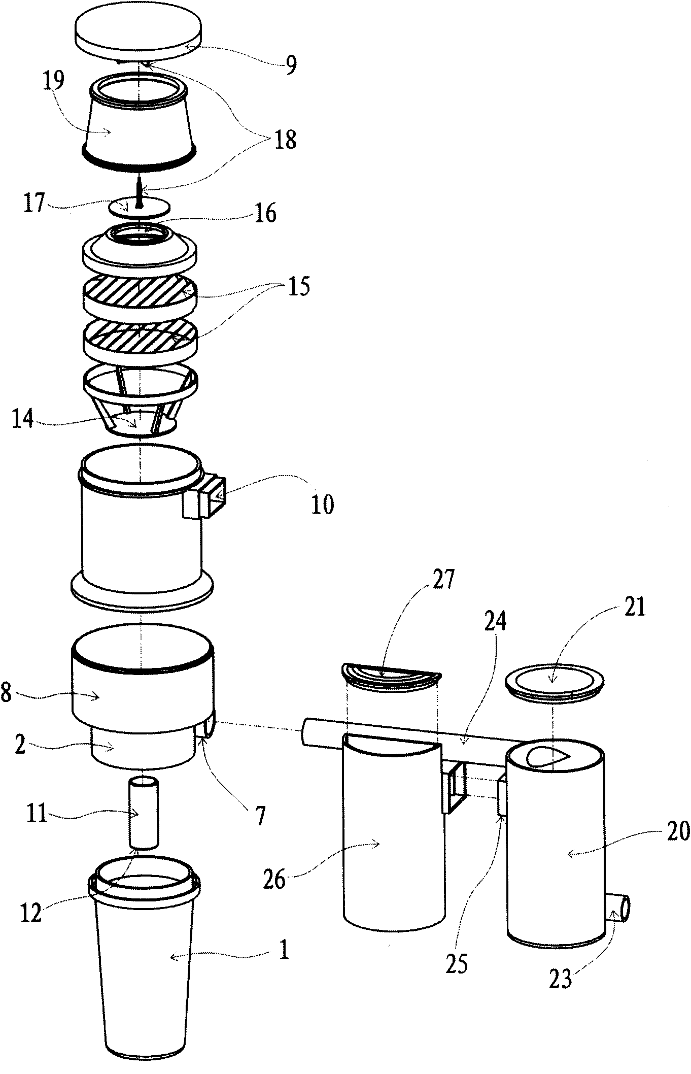 Water vortex splashing and filtering device