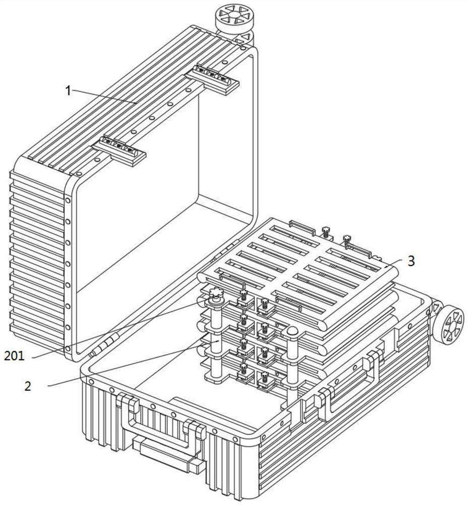 A clothing anti-wrinkle support device used in the interior of the suitcase