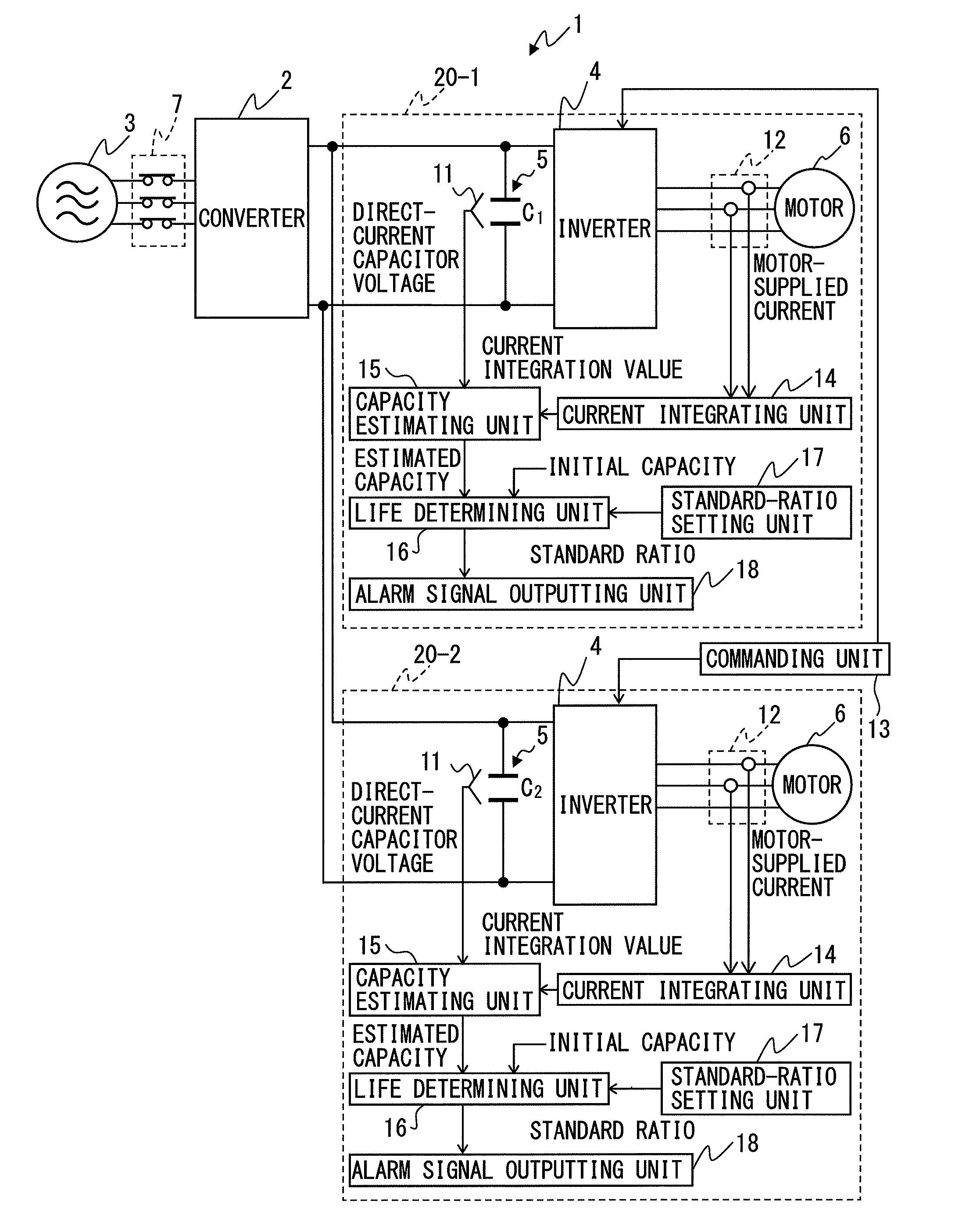 Motor driving apparatus including life determining unit of direct-current capacitor