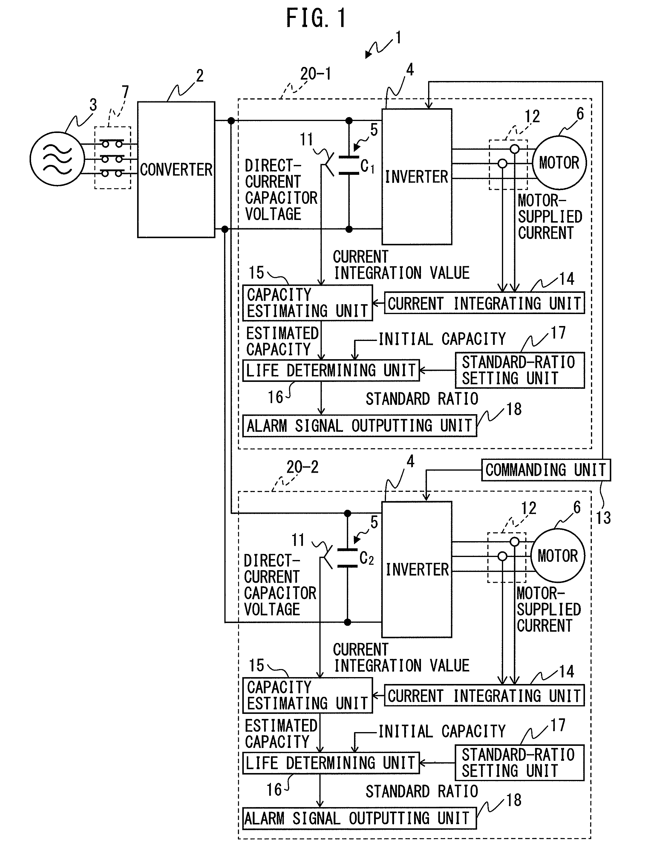 Motor driving apparatus including life determining unit of direct-current capacitor