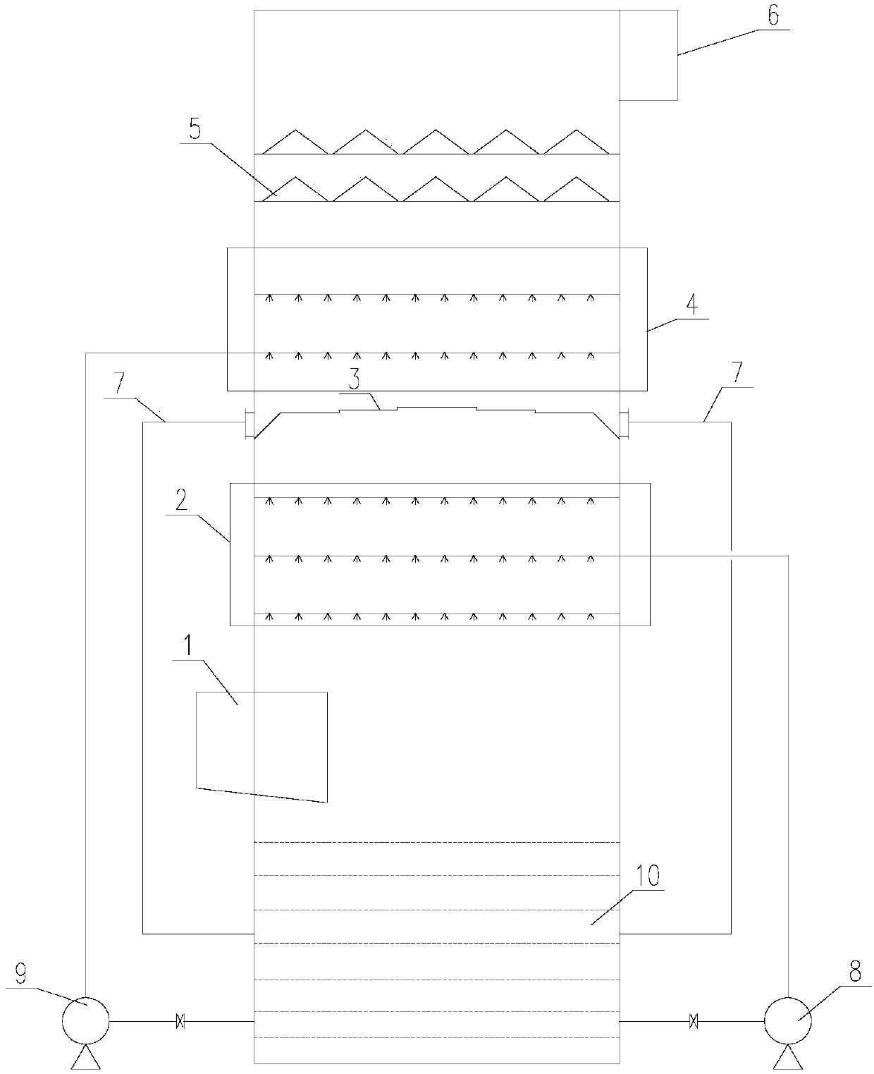 Two-stage flue gas desulfurization tower and ladder-level flow equalization and collection device thereof