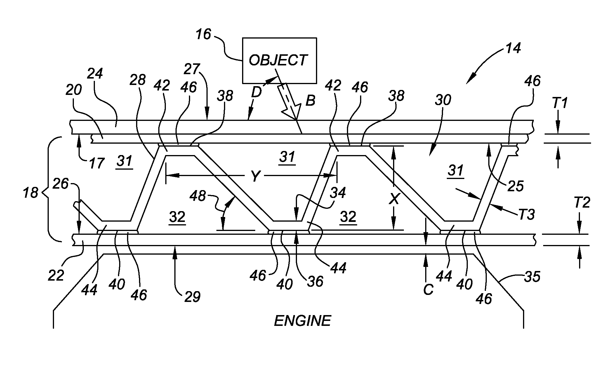 Energy absorbing vehicle hood assembly with asymmetric sandwich inner structure