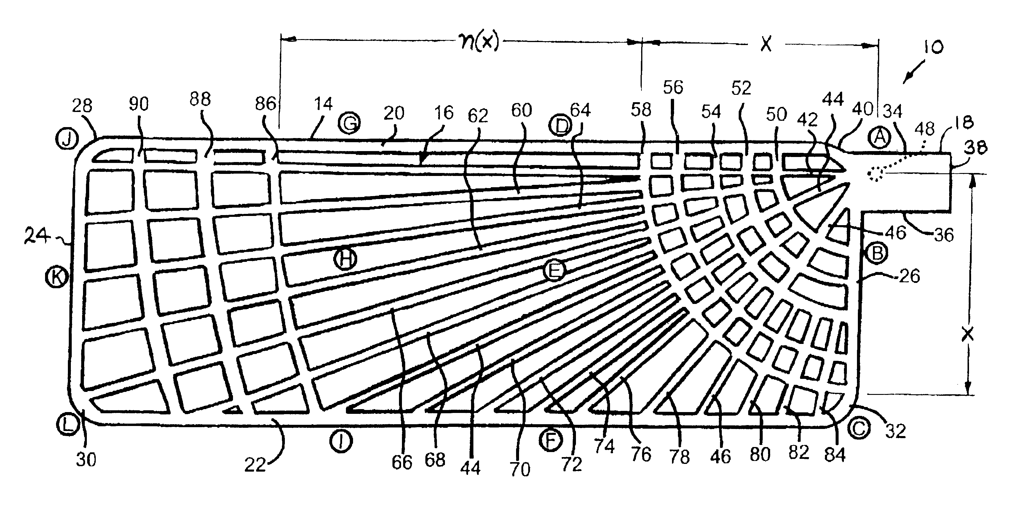 Current collector having non-symmetric grid pattern converging at a common focal point